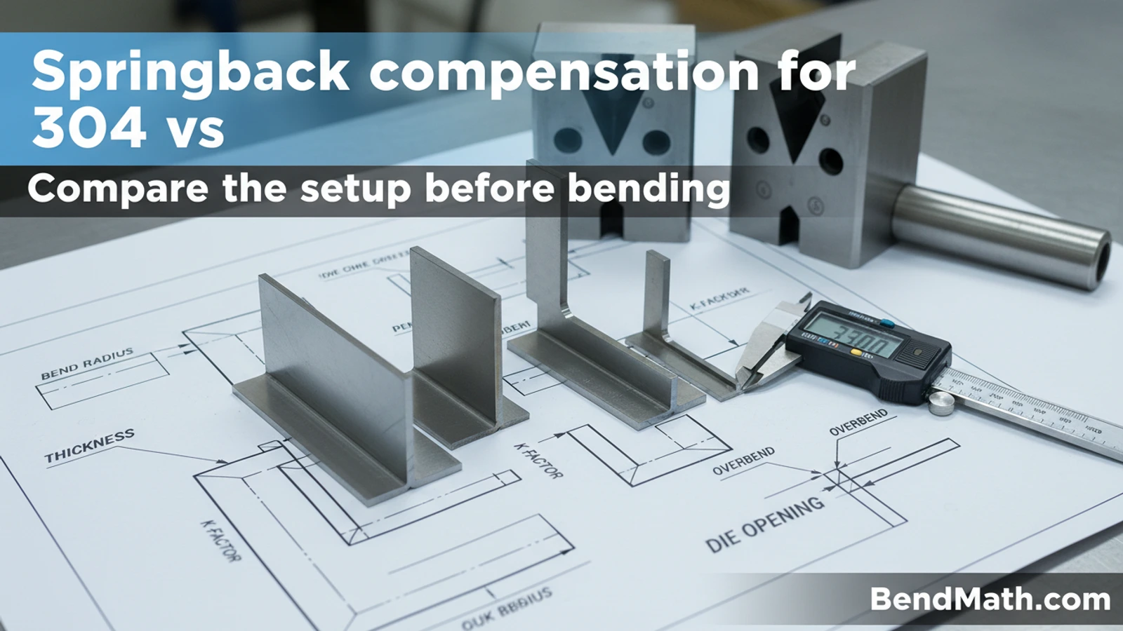 Springback compensation for 304 vs 316 stainless | BendMath Springback compensation for 304 vs 316 stainless fabrication guide with press brake bending visual